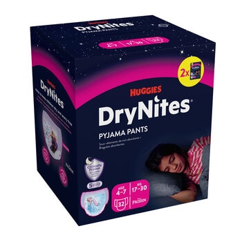 Huggies DryNites Bedwetting Pyjama Nappy Pants Girls Aged 4-7 (17-30kg), 32 pants