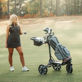 Lifestyle image of a woman with the Bag Boy Electric Golf Trolley