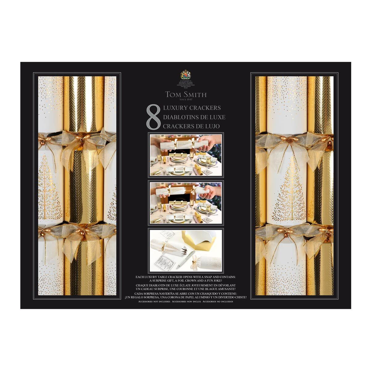 Tom Smith 14 Inch (36 cm) Deluxe Christmas Crackers 8 Pack With Silver Plated Party Favours in Cream and Gold