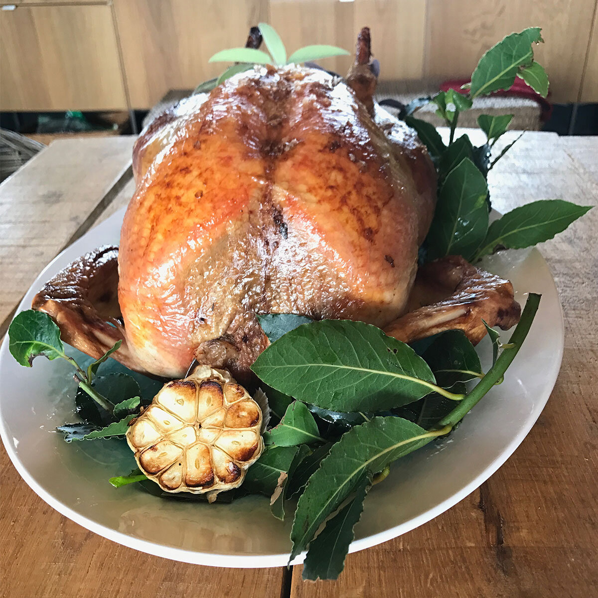 Jimmys 4KG Cooked Bird on plate with herb leaves