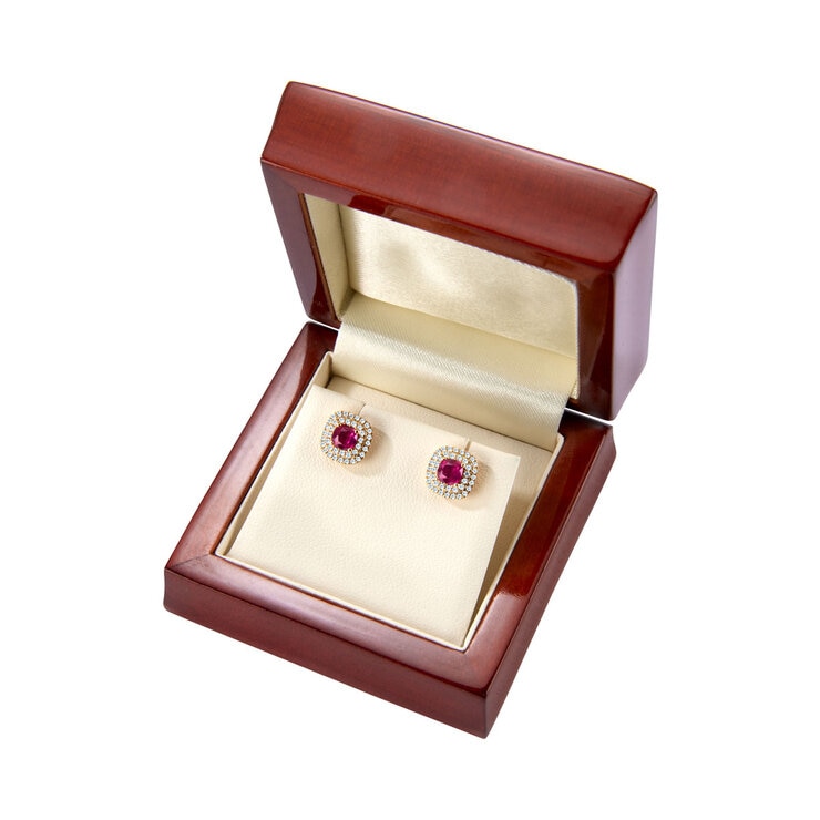 Round Cut Ruby & 0.27ctw Diamond Stud Halo Earrings, 18ct Yellow Gold