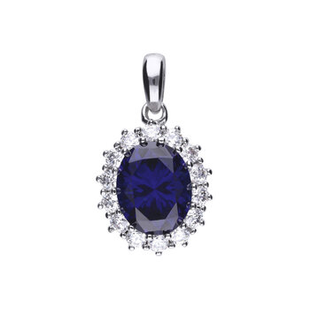 DiamonFire Sterling Silver Blue Cubic Zirconia Oval Pendant With Surround