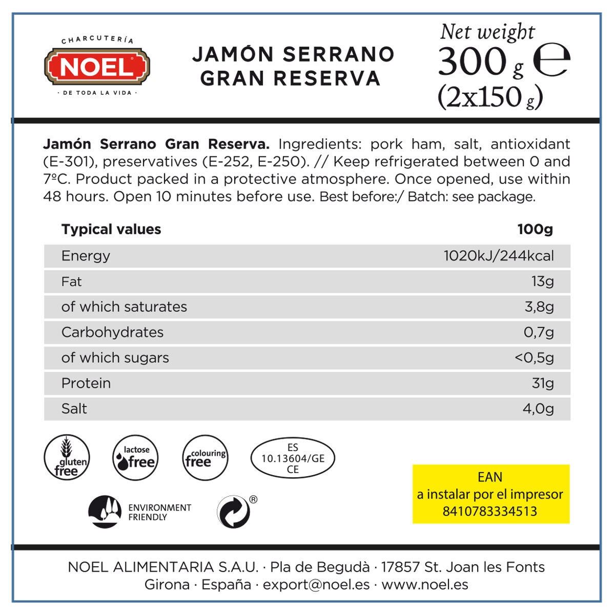 Back of pack for 2 X 150G Pack of Noel Jamon Serrano Gran Reserva