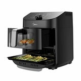 Side profile of Midea Dual Basket Air Fryer with opened basket