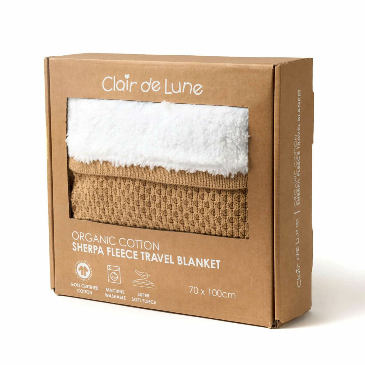 Clair De Lune Organic Cotton Sherpa Fleece Travel Blanket in 2 Colours, 70 x 100 cm