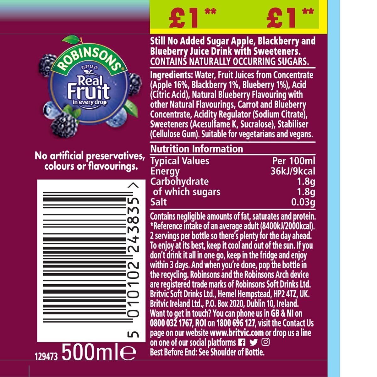 Robinsons Blackberry & Blueberry PMP £1, 12 x 500ml