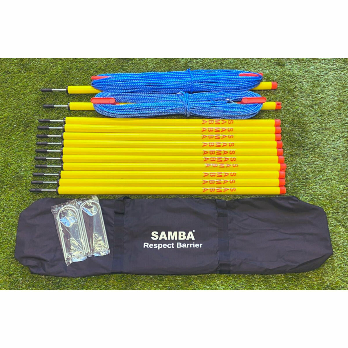 Lifestyle image showing the included rope, clips, poles, ground anchors and carry bag