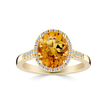 Oval Cut Citrine & 0.22ctw Diamond Halo Ring, 18ct Yellow Gold