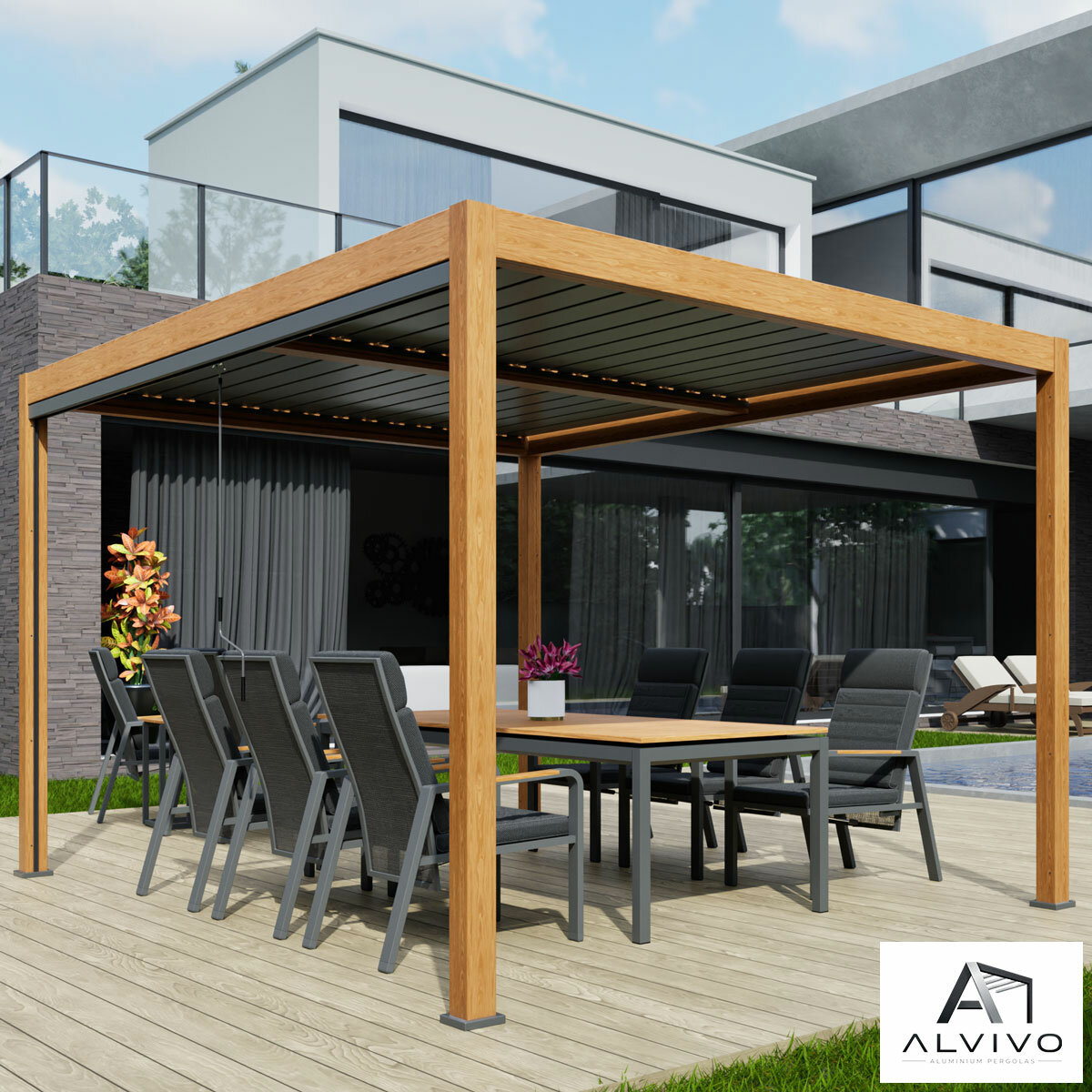 Alvivo 9ft 8" x 13ft 3" (3 x 4m) Wood-Look Louvered Aluminium Pergola Bundle with 3 Pull-Down Screens