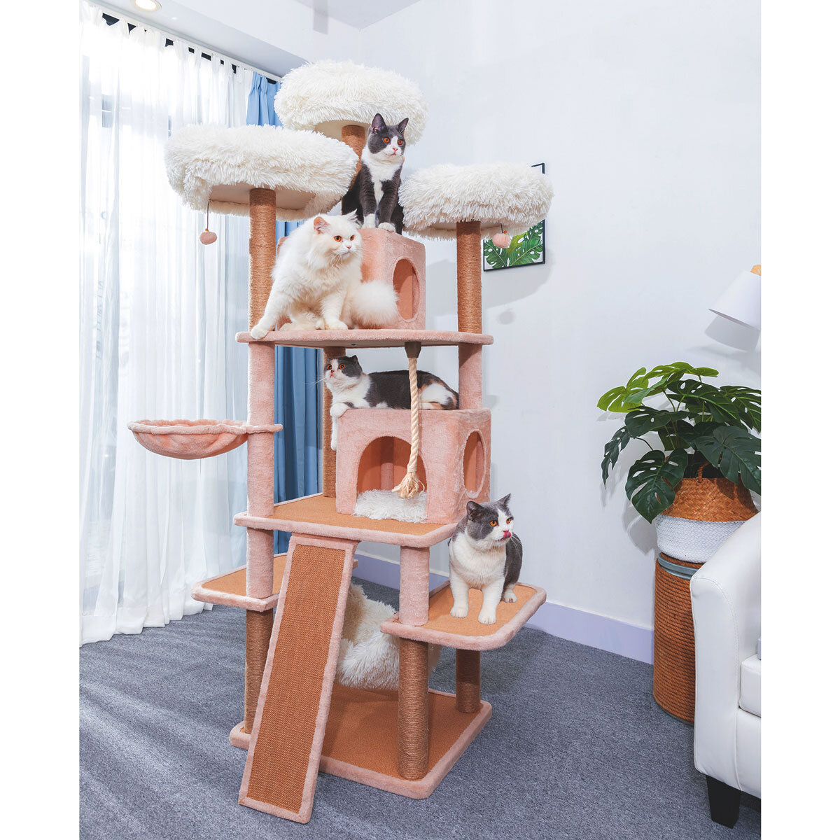 Multi level Cat Tree beige with carpet and cats on it