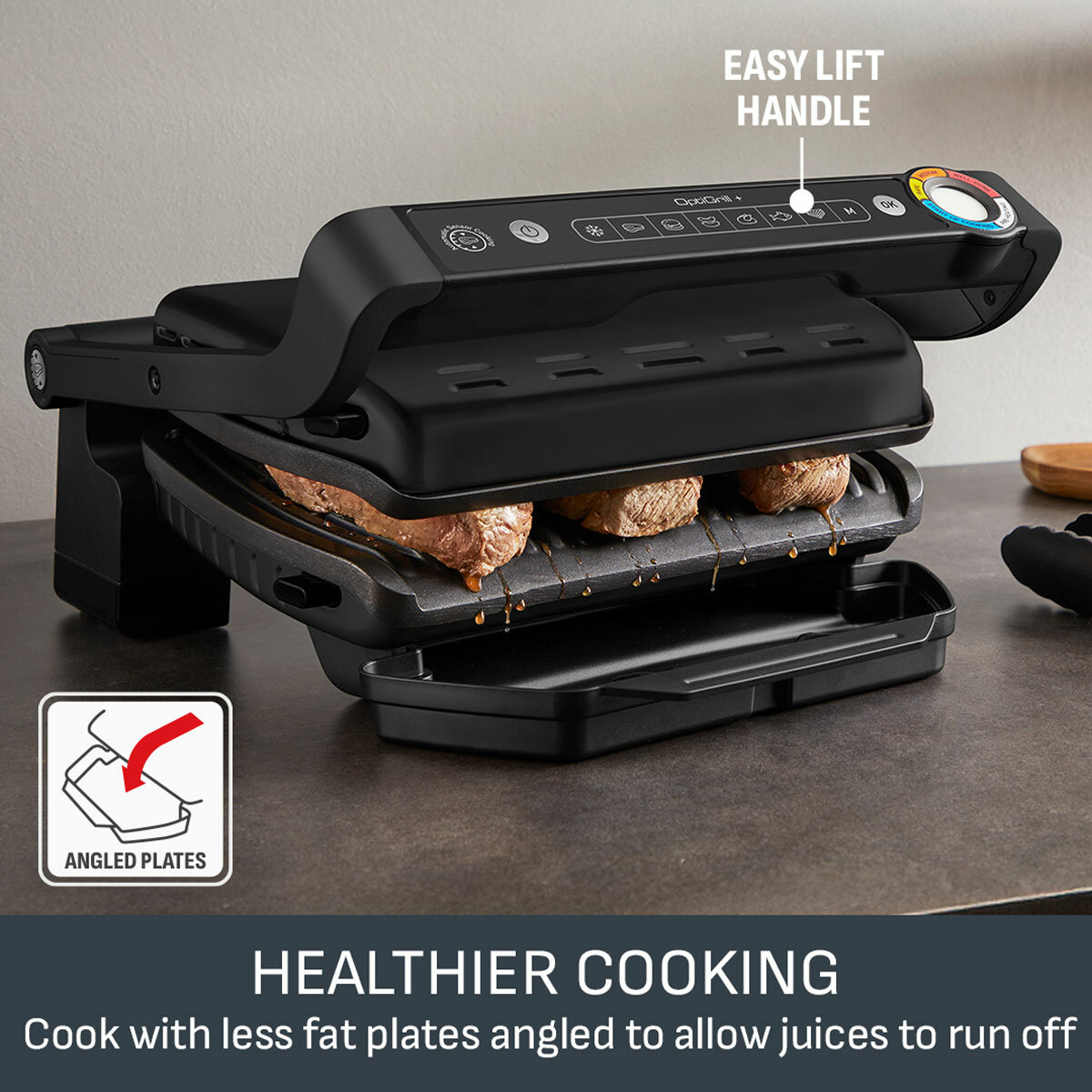 Lifestyle image of Tefal Oprigrill with angled plates to allow juices to run off