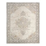 Beige and grey rug with central medallion and ornate symmetrical pattern Beige and grey rug with central medallion and ornate symmetrical pattern