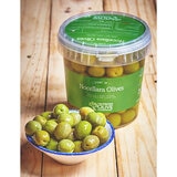 Pot of The Olive Company Nocerllara Olives 750g with bowl of olives