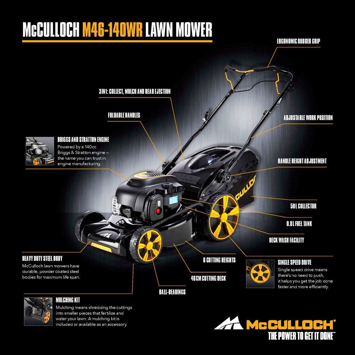 McCulloch 140cc 18" (46cm) Self Propelled Petrol Lawn Mower Model M46