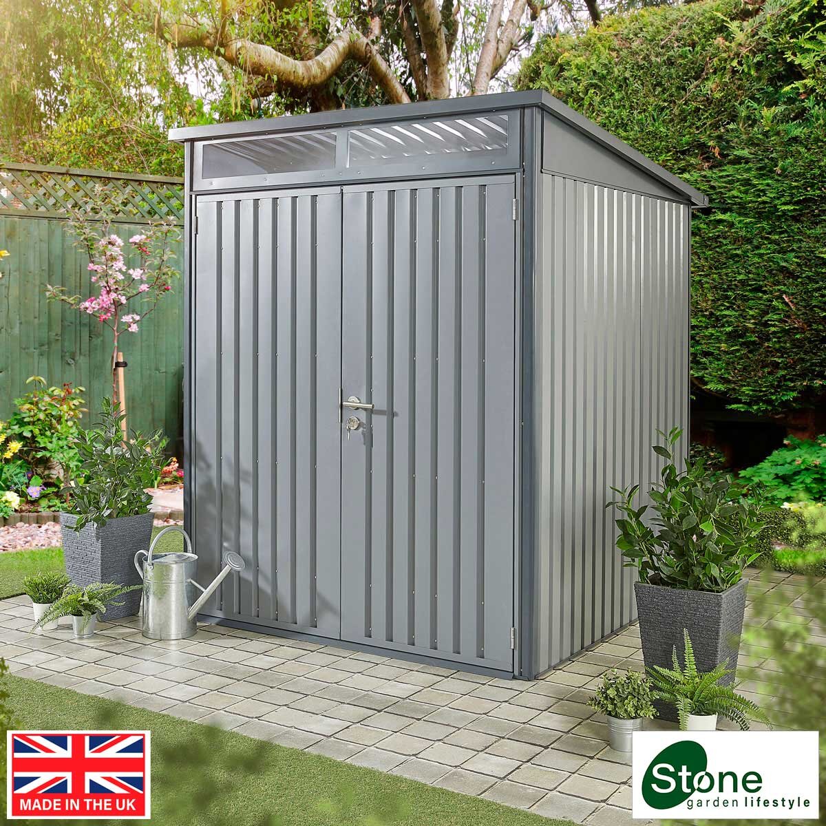 Stone Garden 5ft 11" x 5ft 11" (1.8m x 1.84m) Two Door Steel Shed in Grey