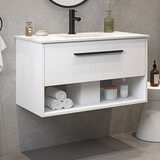 Close up angled lifestyle image of OVE Camila 910mm in matte white