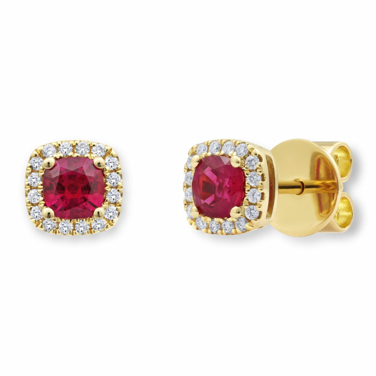 Cushion Cut Ruby & 0.13ctw Diamond Halo Earrings, 18ct Yellow Gold