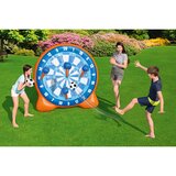 Lifestyle image of a woman and two children playing with the inflatable dartboard