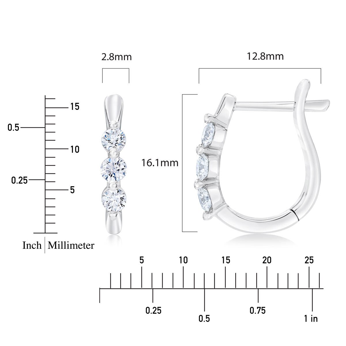 0.50ctw 3 Stone U Hoop Earrings, 14ct White Gold