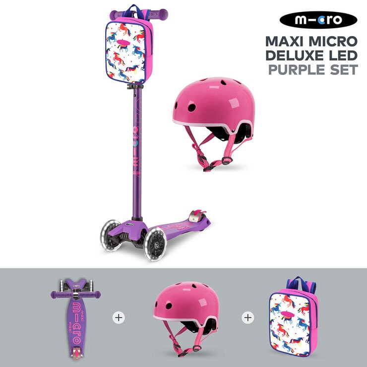 Micro Maxi Deluxe LED Purple Scooter with Pink Helmet and Unicorn Lunch Bag (5+ Years)