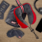 Grey and red travel pillow with striped accent and coordinating grey eye mask