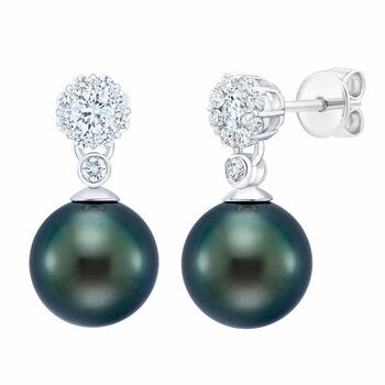 8-9m Tahitian Pearl & 0.45ctw Diamond Earrings, 14ct White Gold