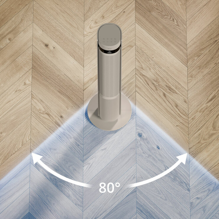 Lifestyle image of Duux Elevate Tower Fan oscillating up to 80 degrees Lifestyle image of Duux Elevate Tower Fan oscillating up to 80 degrees
