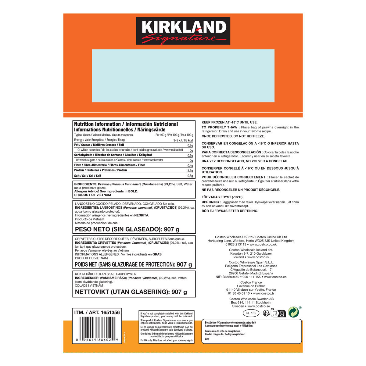 Kirkland Signature Cooked Peeled Prawns 50/70, 907g