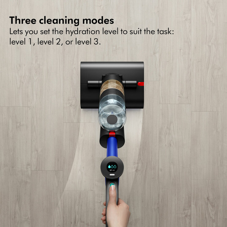 Lifestyle images of Dyson WashG1 wet floor cleaner showing three cleaning modes