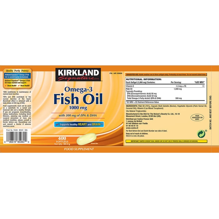 Kirkland Signature Omega 3 Fish Oil 1000mg, 400 Softgels (6 Months
