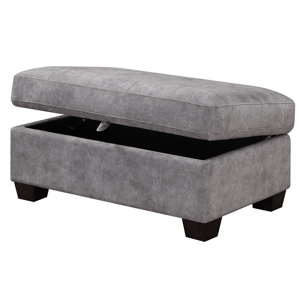 Angled image of storage ottoman on white background with lid partially open