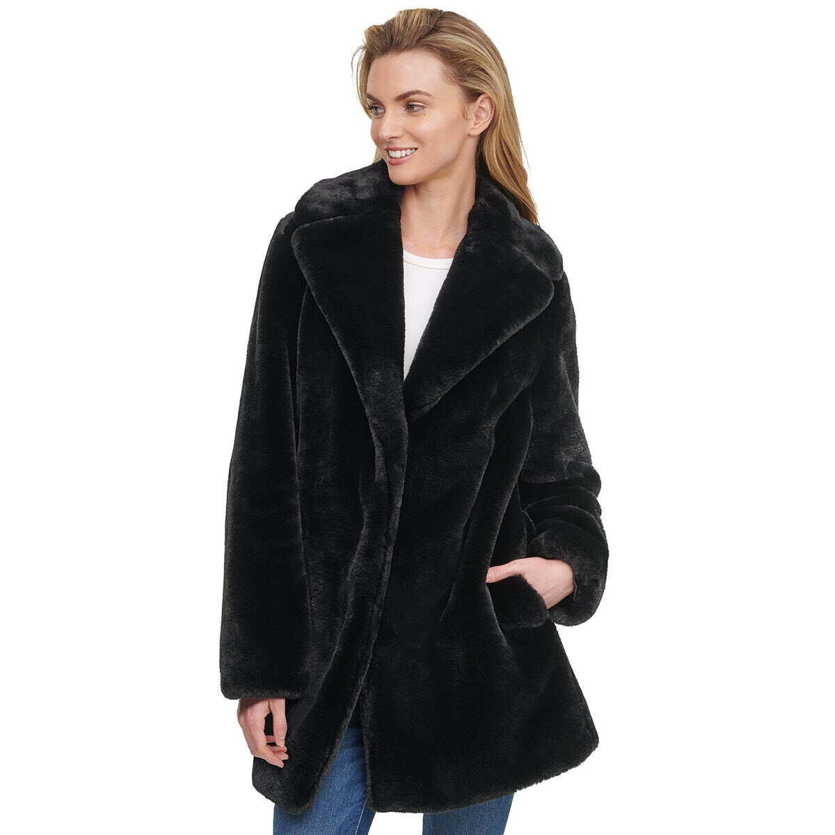 Andrew Marc Women S Faux Fur Shawl Collar Coat In Black Costco Uk Faux Fur Shawl Collar Coat, Rabbit Fur Coats Costco