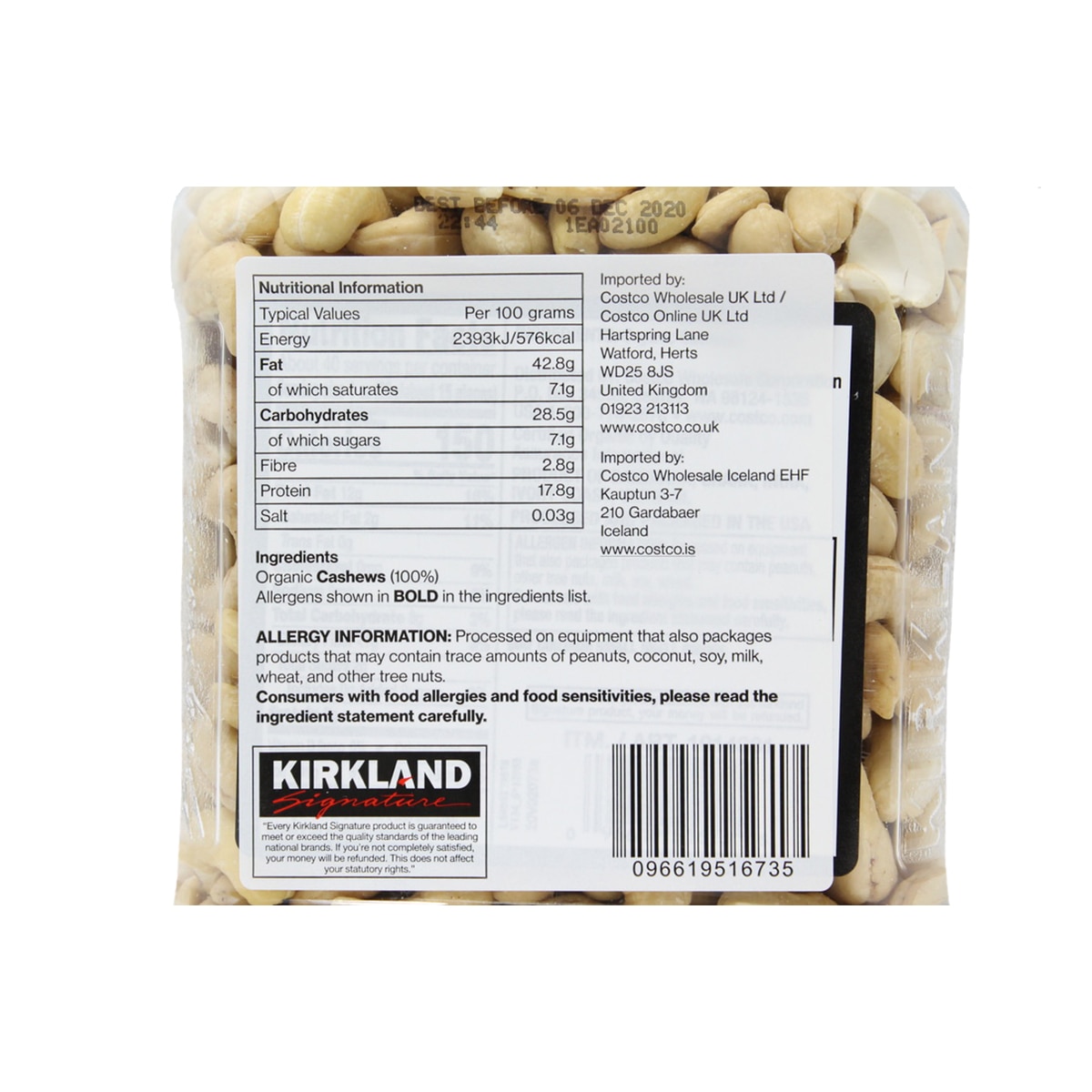 Kirkland Signature Organic Cashew Nuts, 1.13kg Costco UK