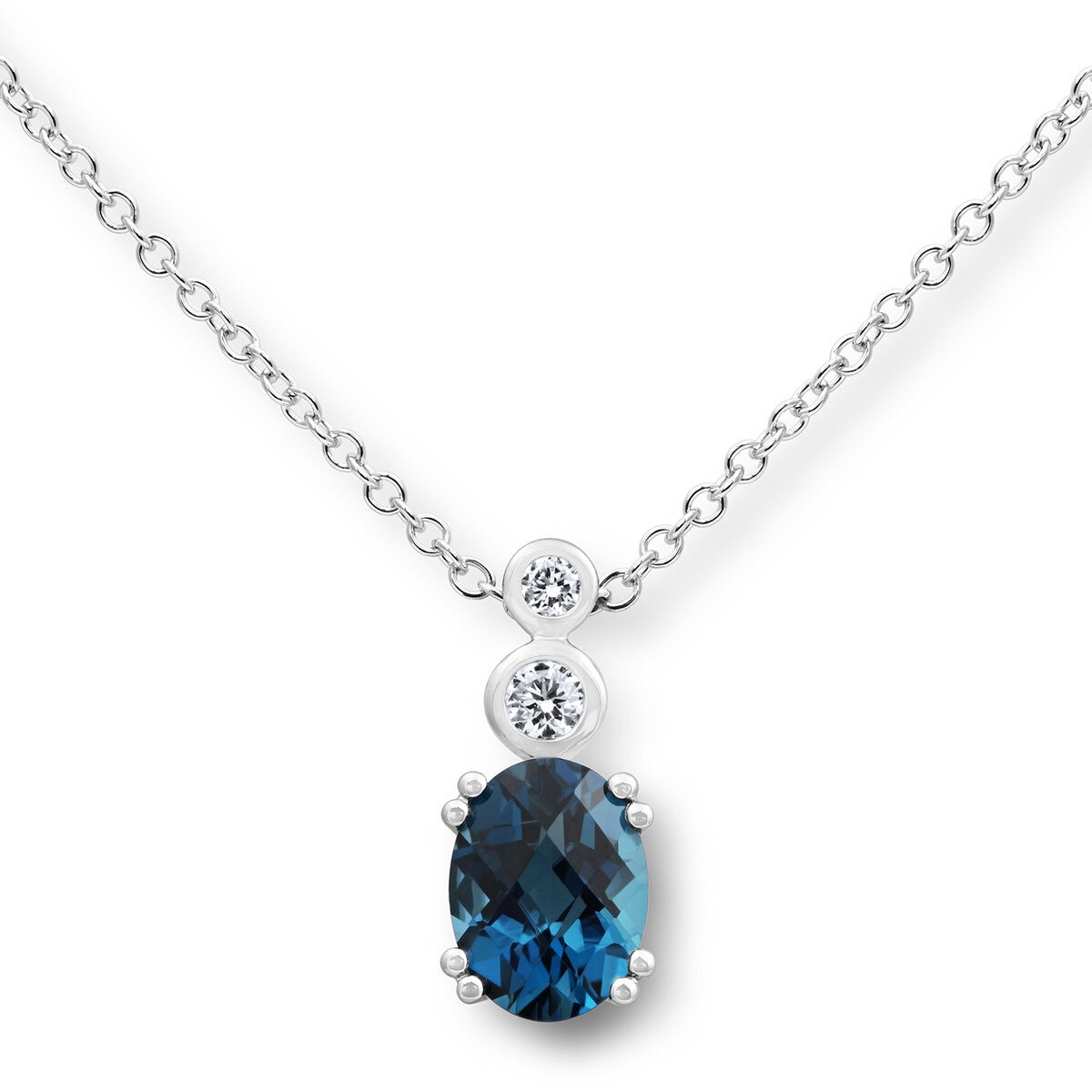 Oval Cut London Blue Topaz & 0.10ctw Diamond Pendant, 18ct White Gold