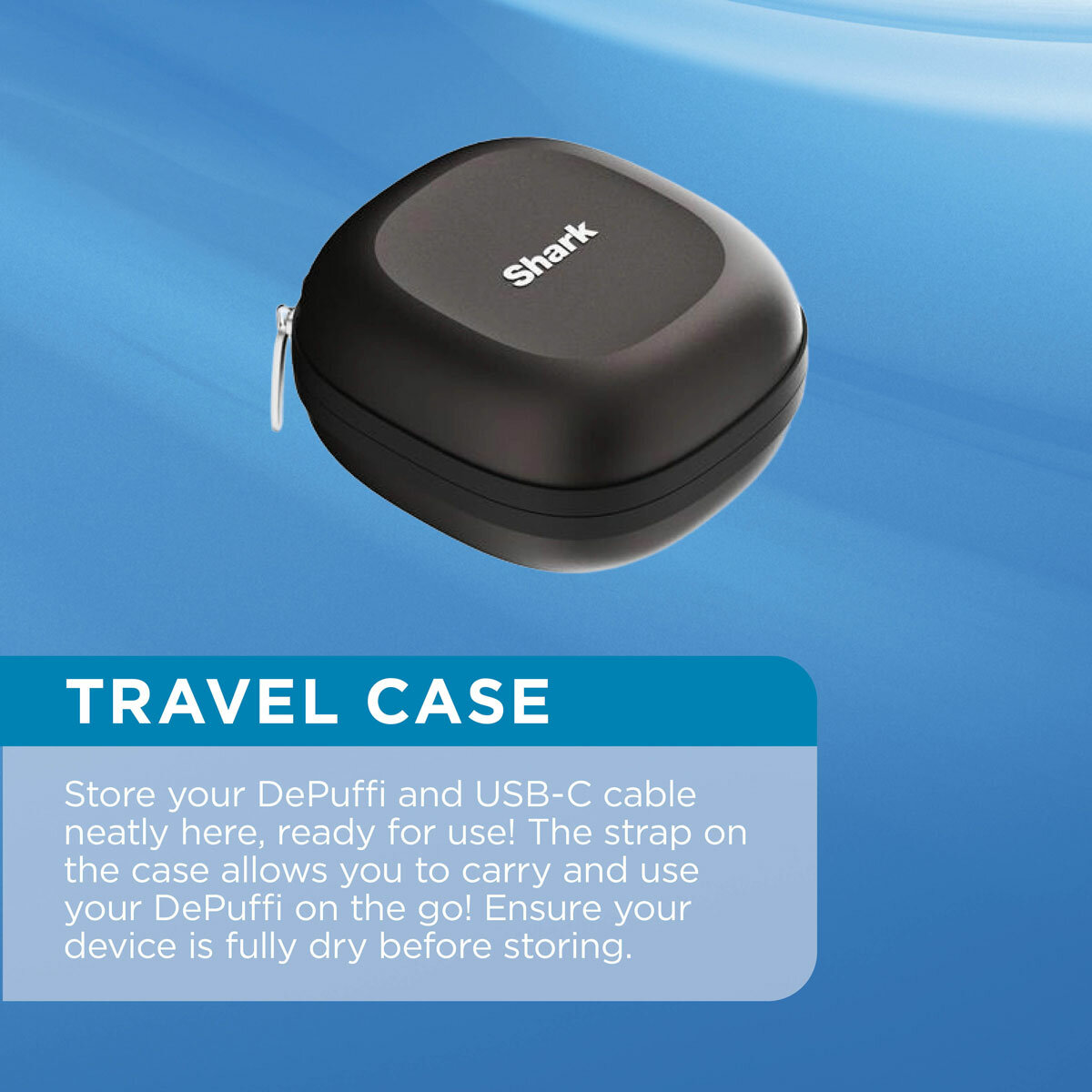 Lifestyle image showing travel chase to store DePuffi and USB-C cable
