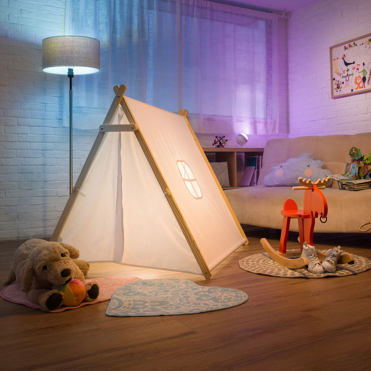 Lifestyle image of living room with tent and light bulbs in use