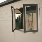 Close up view on the shatterproof polycarbonate windows of Lifetime 11ft  Garden Storage Shed with Tri-Fold Door