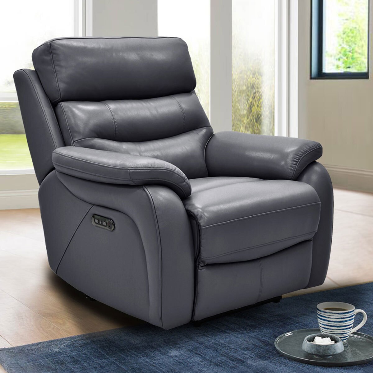 Fletcher Blue Leather Power Recliner Armchair with Power Headrest