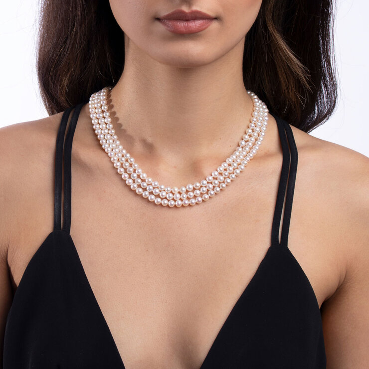 5.5-6mm Cultured Freshwater 3 Row White Pearl Necklace, 14ct Yellow Gold 5.5-6mm Cultured Freshwater 3 Row White Pearl Necklace, 14ct Yellow Gold