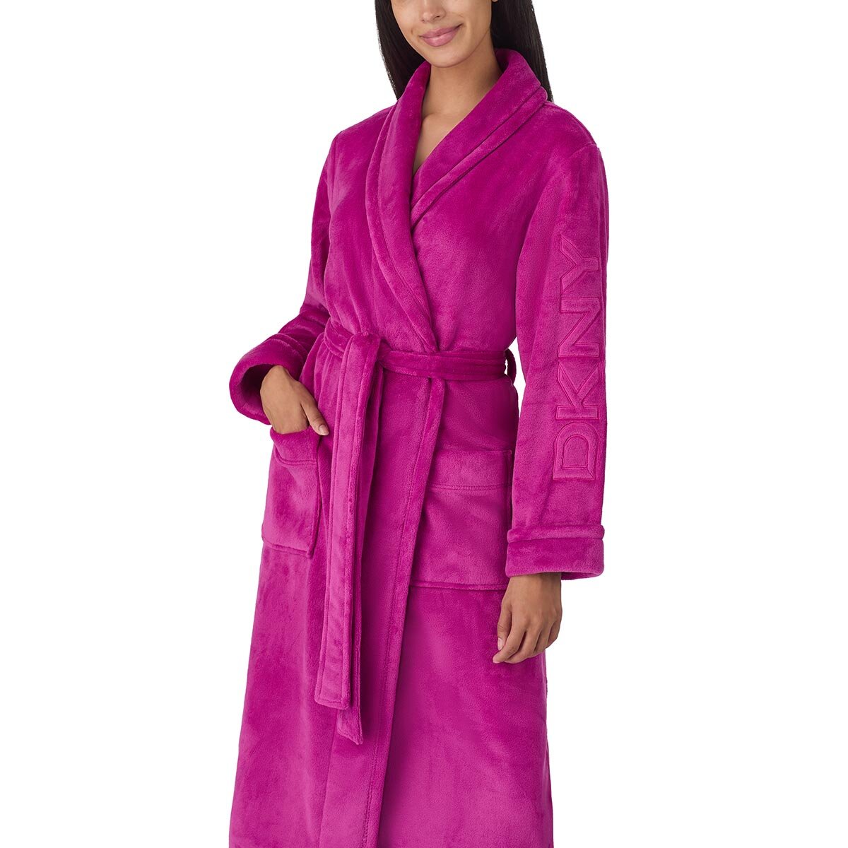 DKNY Shawl Collar Long Plush Robe in Magenta, Medium