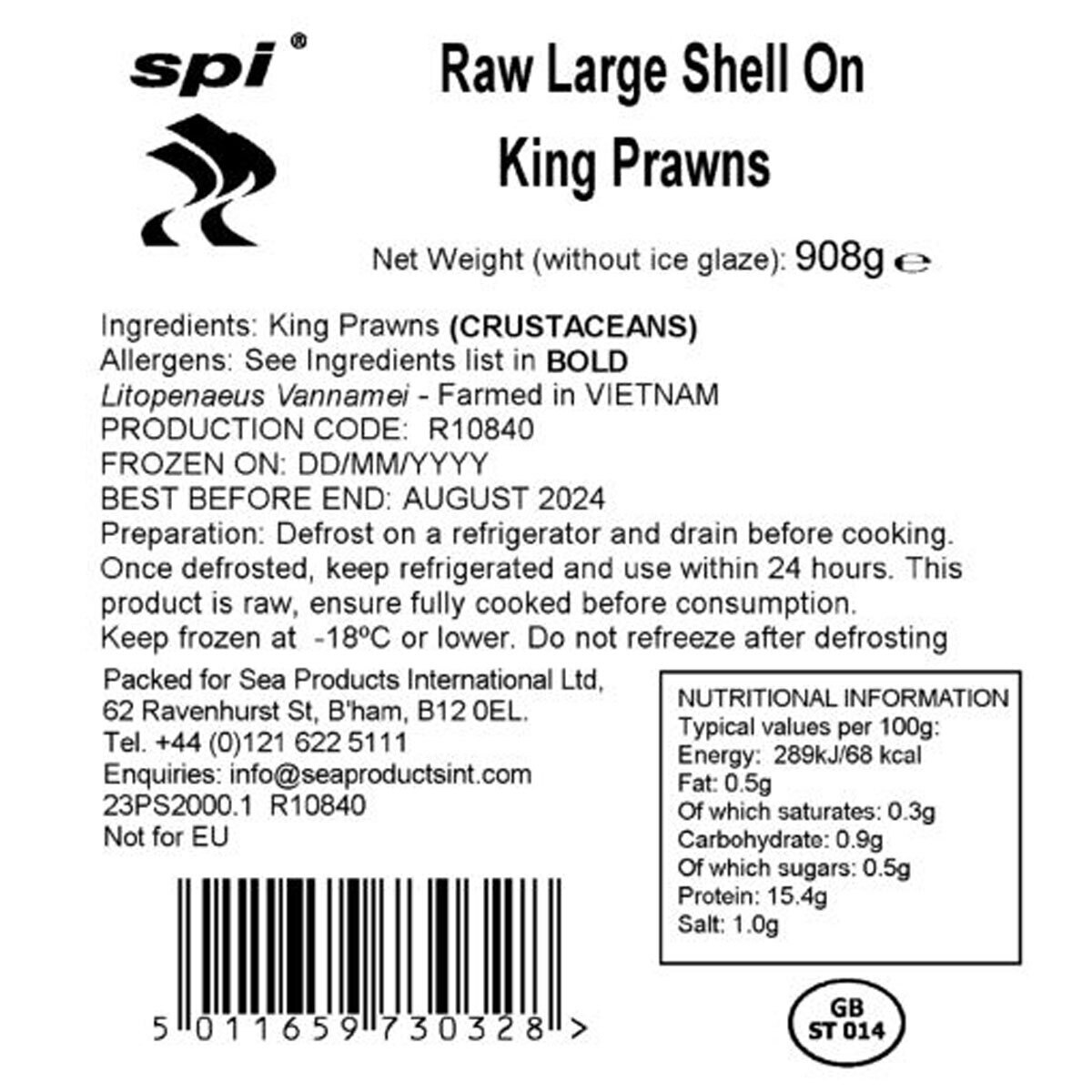 SPI Raw Large Head Off Shell On King Prawns, 908g