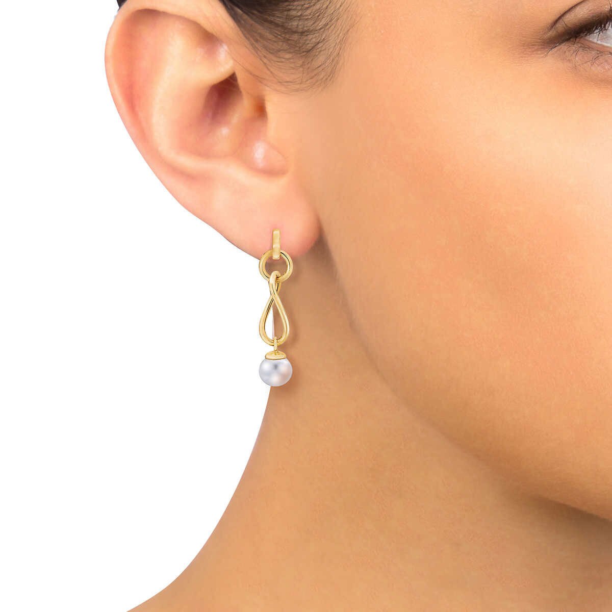 9-9.5mm Cultured Freshwater White Pearl Twist Earrings, 14ct Yellow Gold