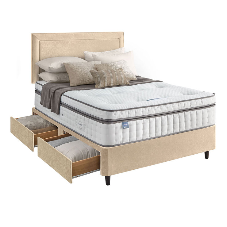 Silentnight Velvet 4 Drawer Divan Base with Malvern Headboard in Almond in 3 Sizes