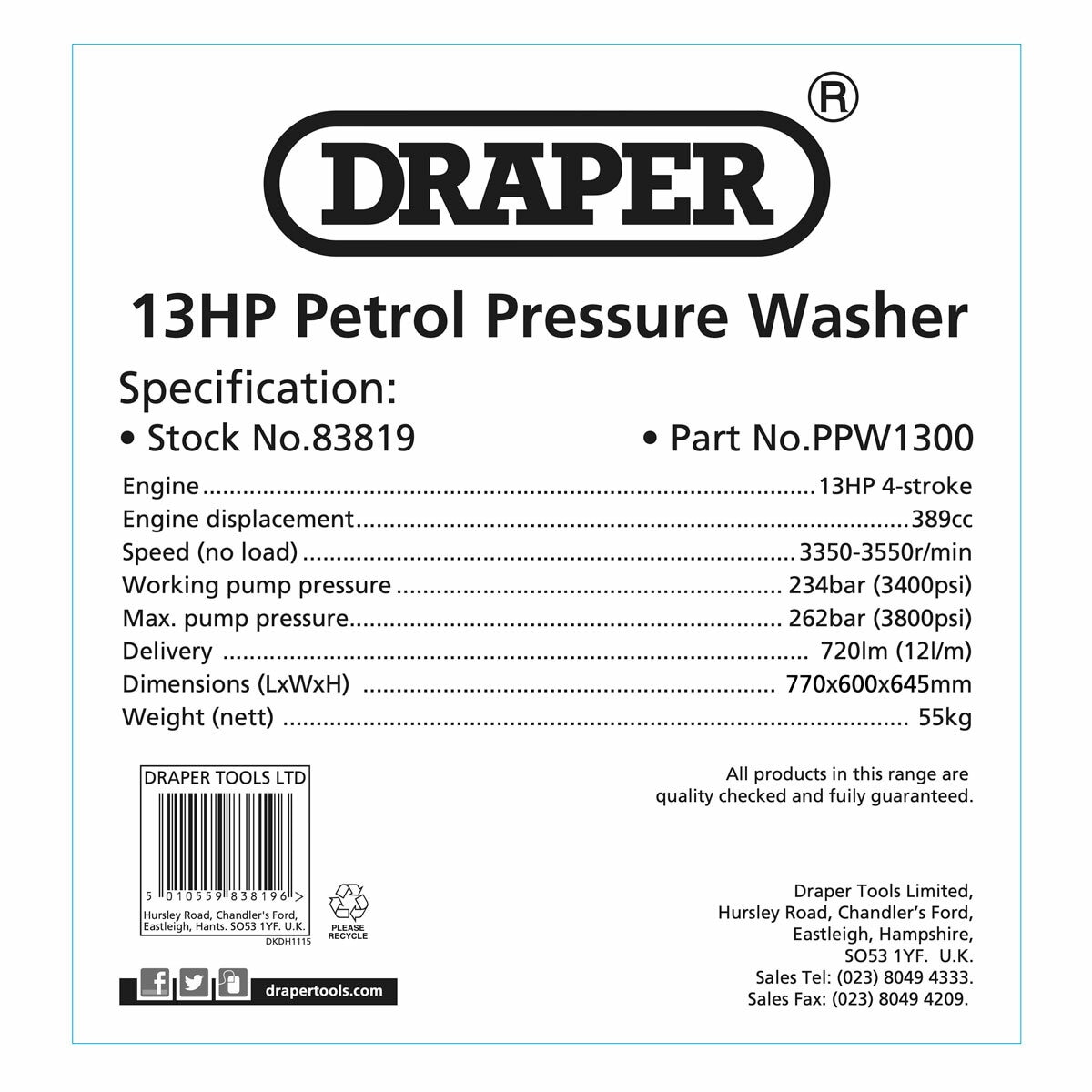 Draper 13HP 389cc Petrol Pressure Washer Draper 13HP 389cc Petrol Pressure Washer