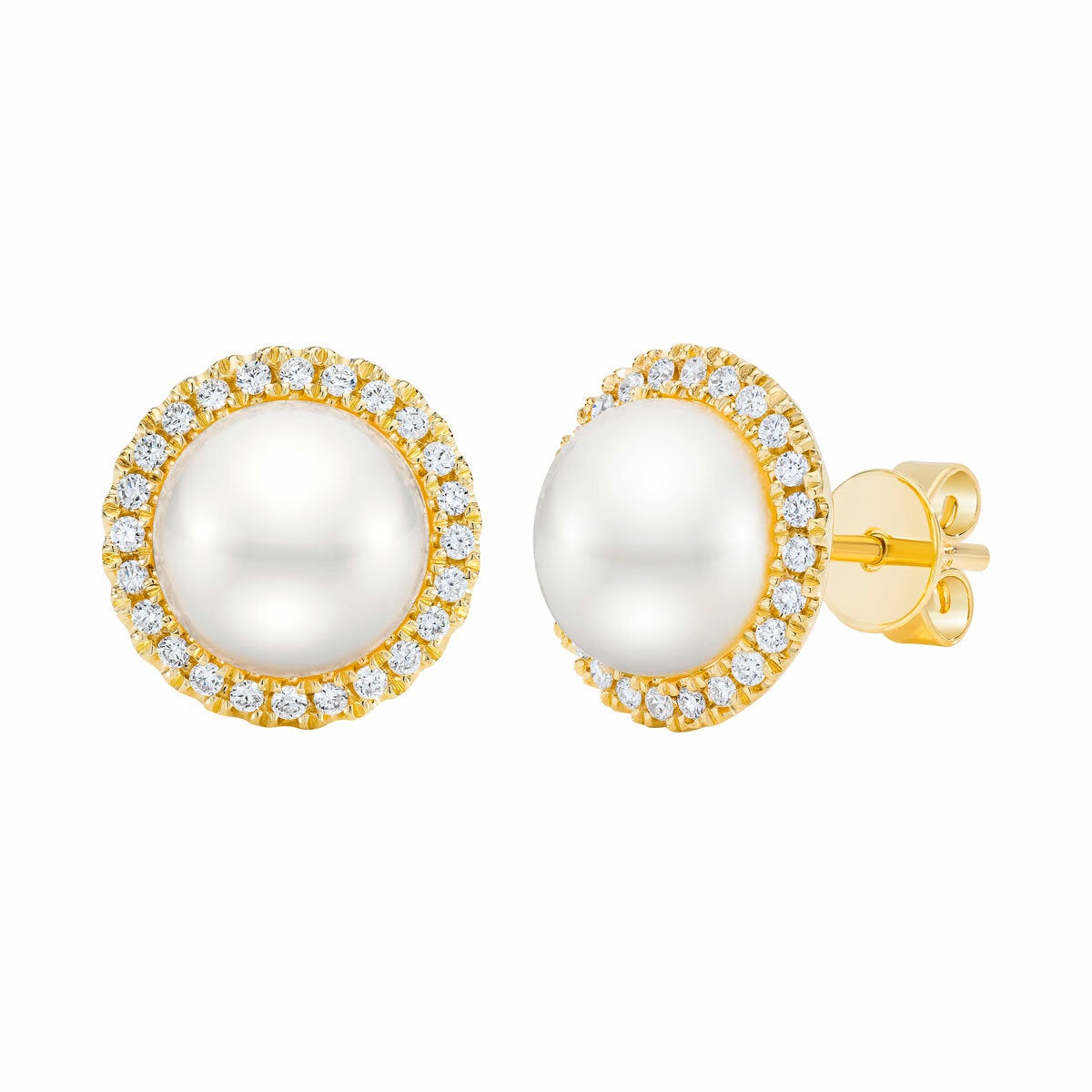 8-9mm Cultured Freshwater White Button Pearl & 0.25ctw Diamond Halo Earrings, 14ct Yellow Gold