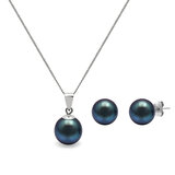 Cultured Freshwater 8.5-9mm Peacock Black Pearl Pendant and Stud Earring Set, 18ct White Gold