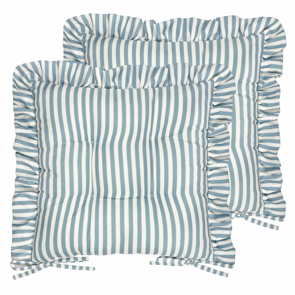 Wylder Millie Ruffle Blue Striped Indoor Outdoor Seat Pad 2 Pack, 40 x 40 cm