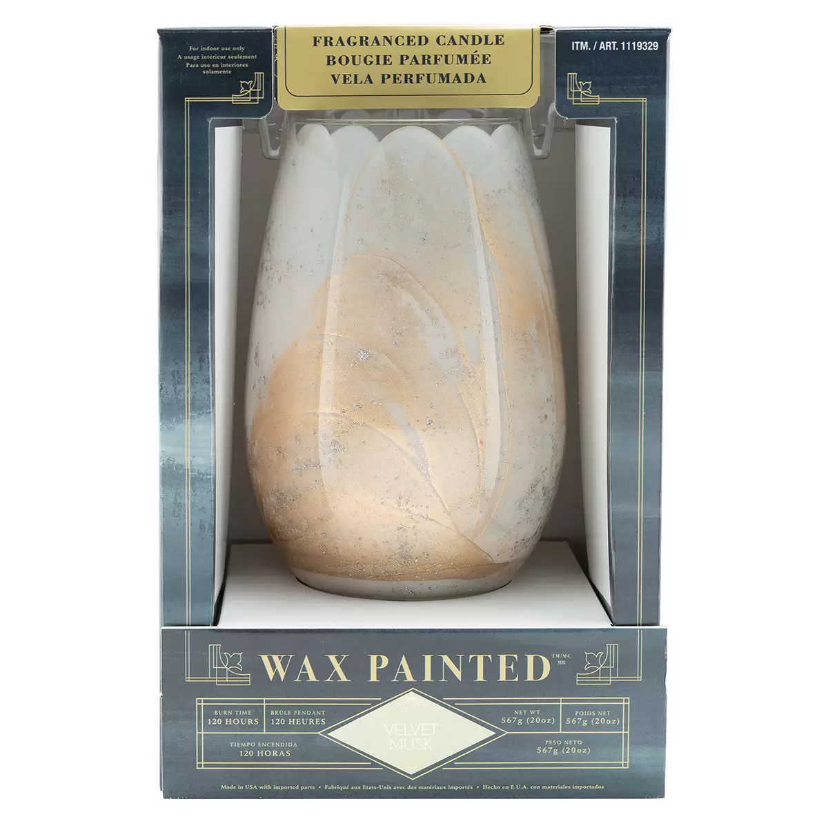 Lifetsyle image of cream candle in packaging side on
