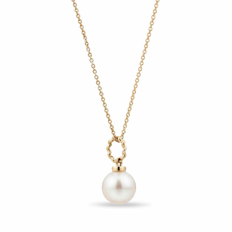 7-8mm Cultured Freshwater White Pearl Round Necklace, 14ct Yellow Gold