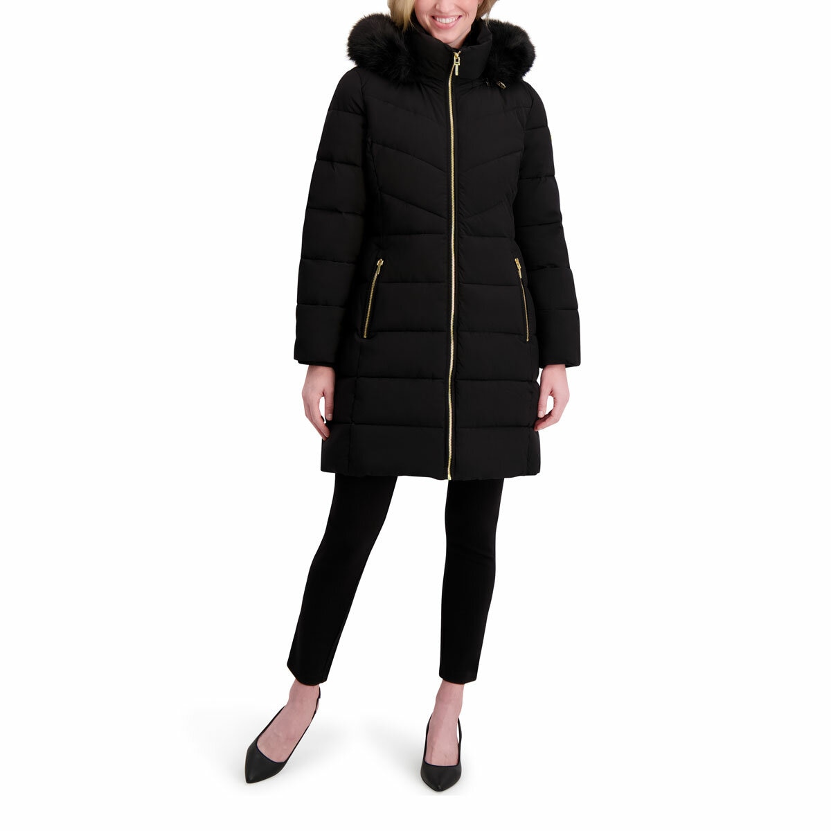 Halston Ladies Hooded Walker Coat in Black